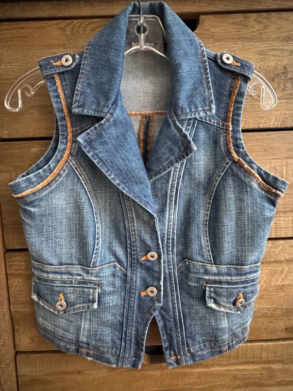 Vintage Denim Button-Front Vest with Contrast Trim